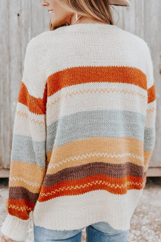 7259 -Drop-shoulder Striped Color Block Sweater