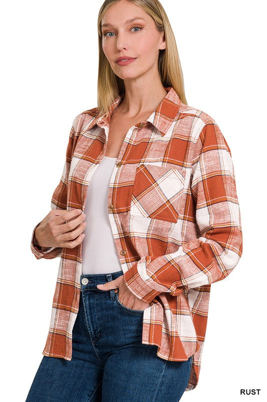 7553 -RUST COTTON PLAID SHACKET WITH FRONT POCKET