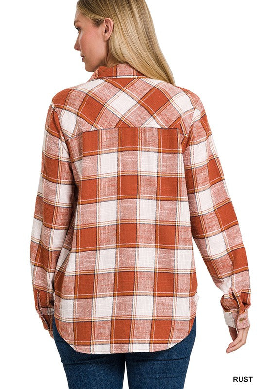 7553 -RUST COTTON PLAID SHACKET WITH FRONT POCKET