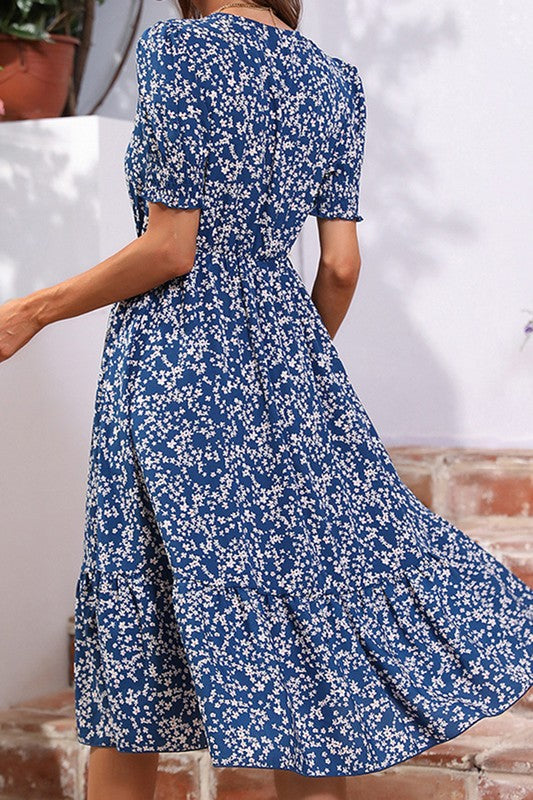 7410 -Blue V-Neck Waistband Printed Dress