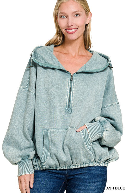 7554 - WASHED DRAWSTRING HEM HALF ZIP KANGAROO HOODIE