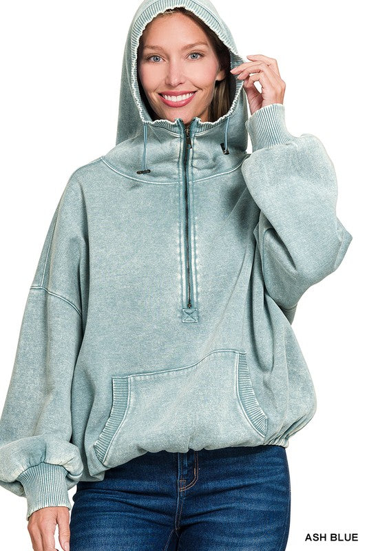 7554 - WASHED DRAWSTRING HEM HALF ZIP KANGAROO HOODIE