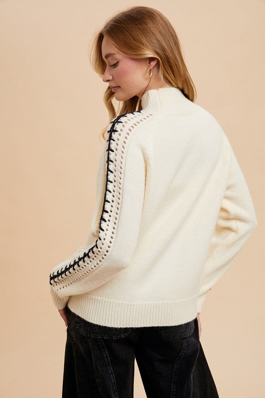 7587 -CONTRAST STITCHED CROCET PANEL SWEATER TOP