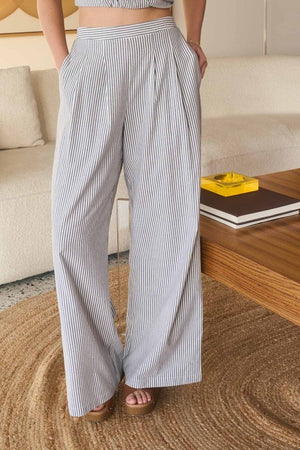 7686 - Stripe High Waist Pleated Wide Leg Pants