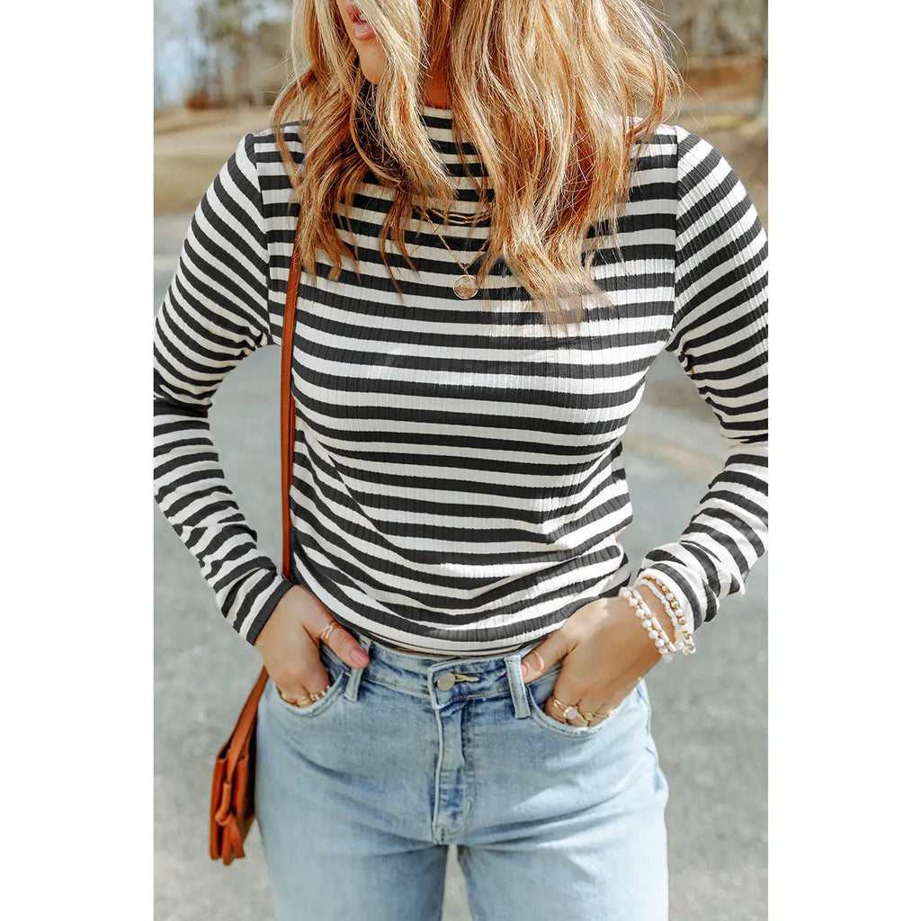 7604 - Striped Print Textured Knit Long Sleeve Tee