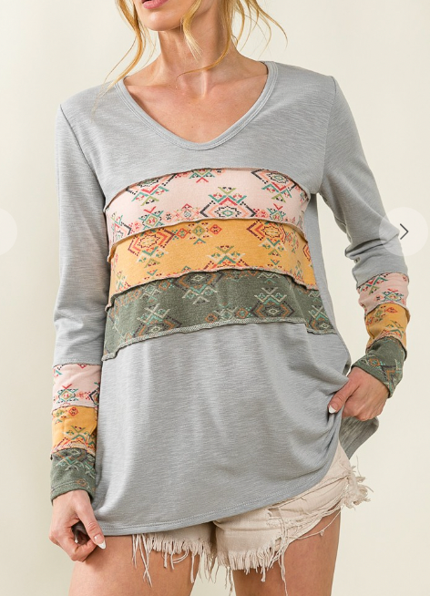 7012 - Aztec Print Color Block Top