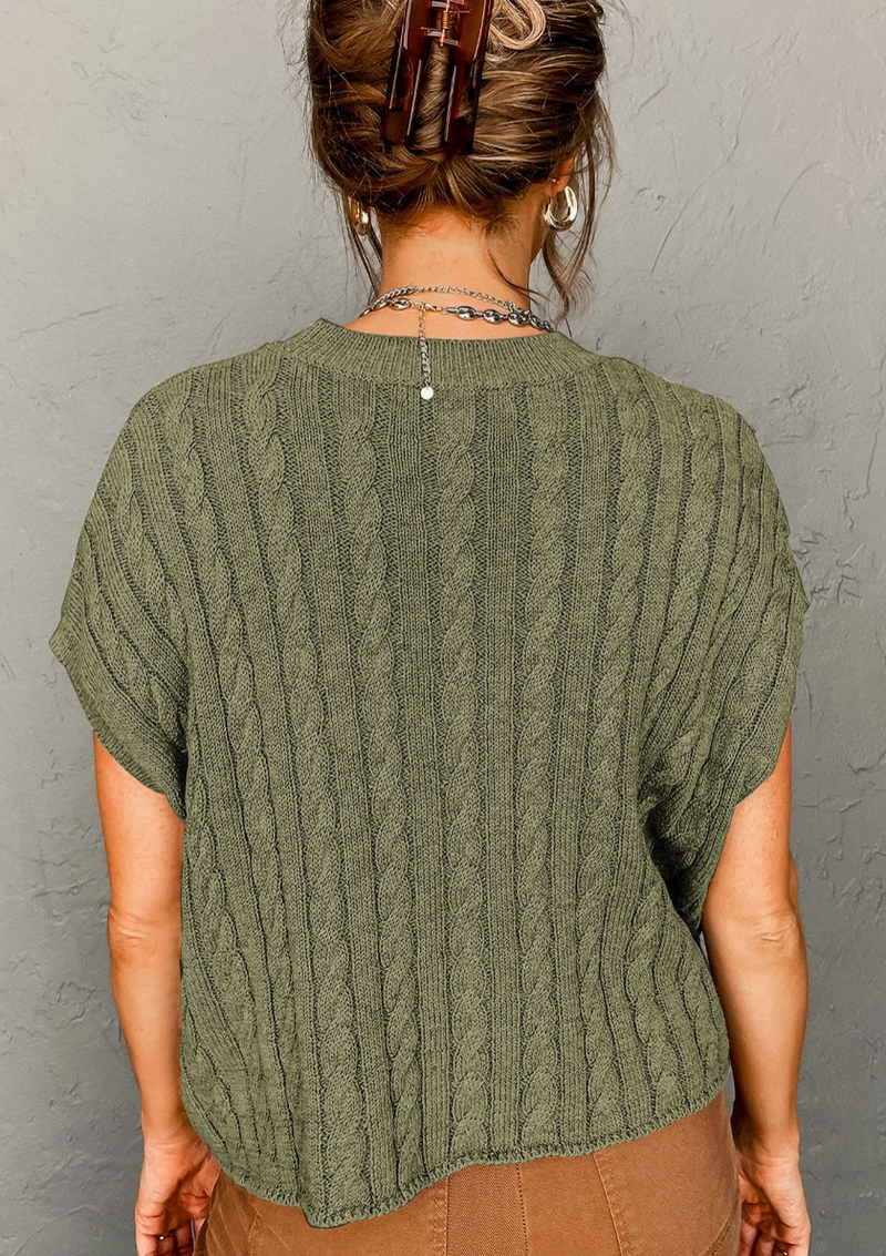 7278 -Jungle Green Crew Neck Cable Knit Short Sleeve Sweater