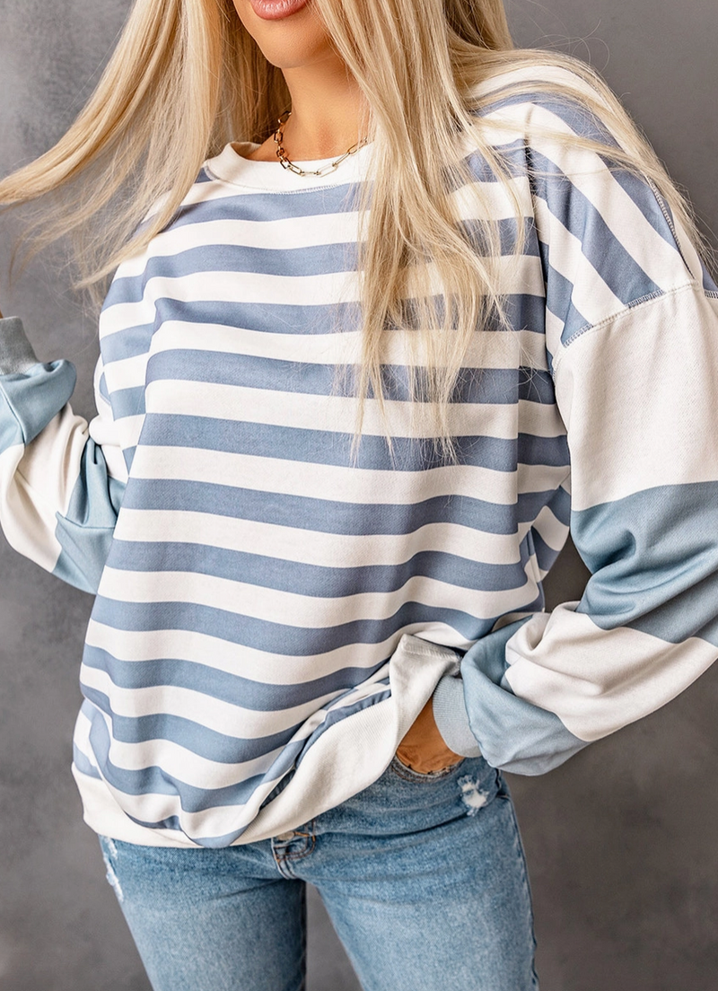 7285 - Drop Shoulder Striped Pullover Sweatshirt