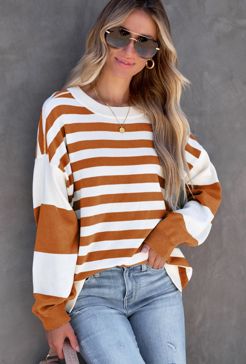 7285 - Drop Shoulder Striped Pullover Sweatshirt