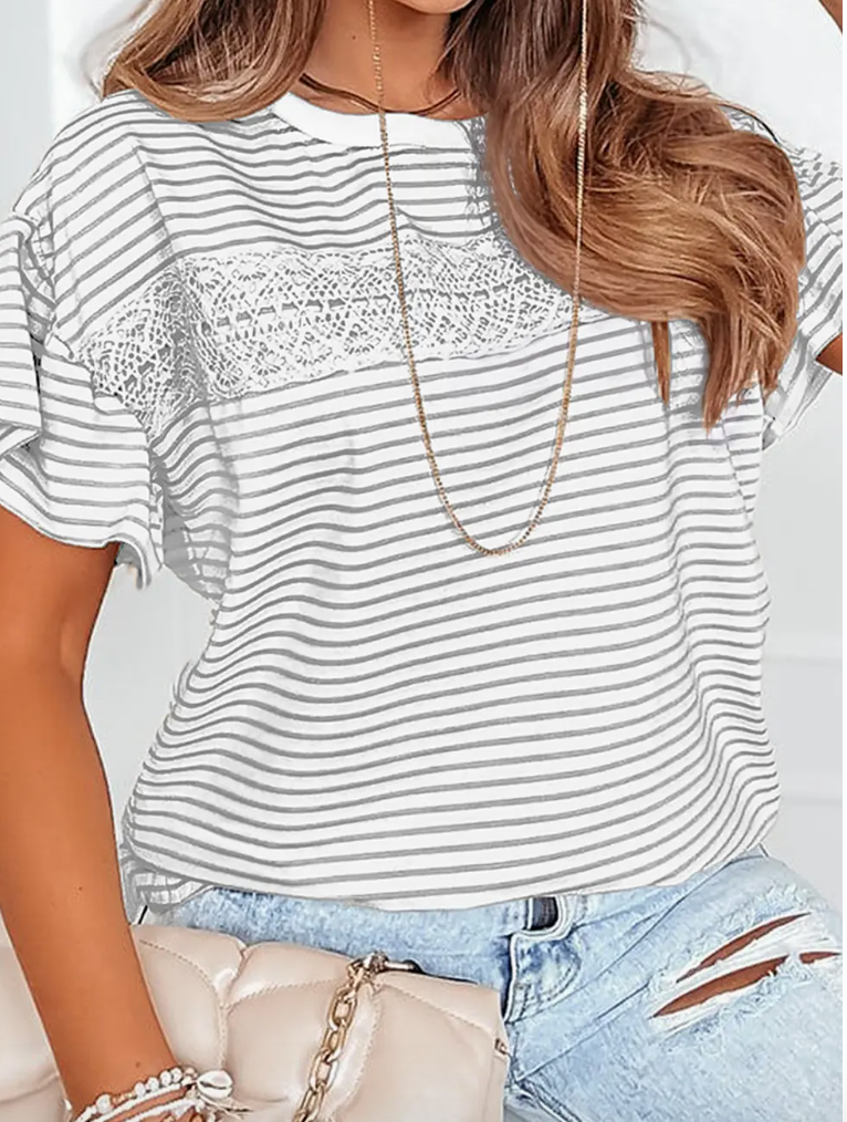 7385 -Striped Lace Splicing Ruffle Sleeve T-Shirt