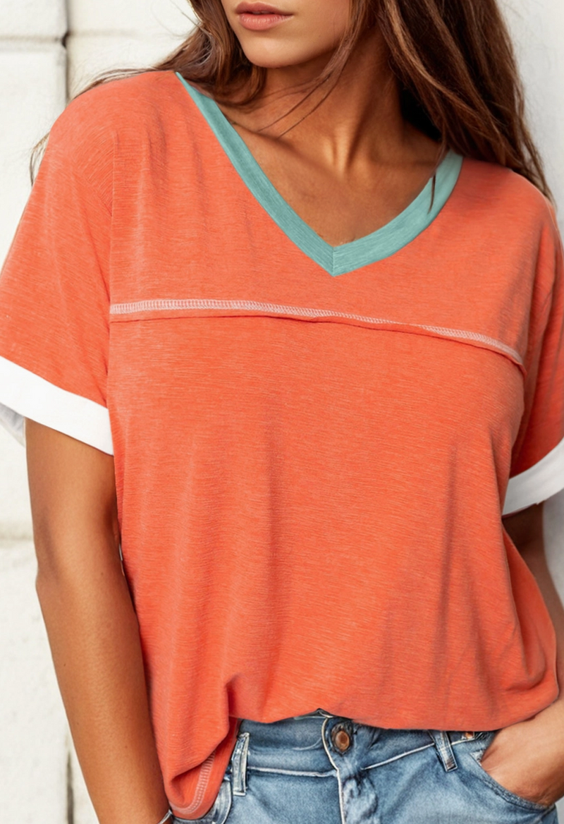 7483 -Contrast Trim Exposed Seam V Neck T-Shirt