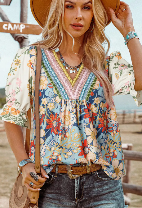 7644 -  Boho V Neck Half Sleeve Floral Blouse