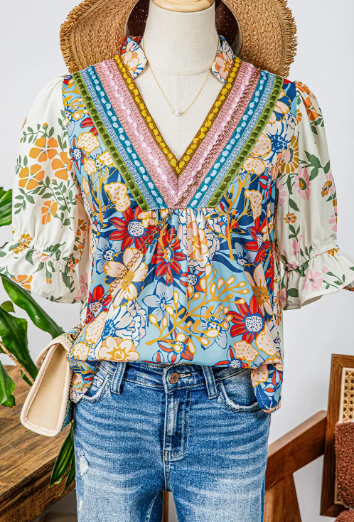 7644 -  Boho V Neck Half Sleeve Floral Blouse