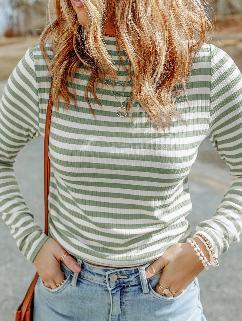 7604 - Striped Print Textured Knit Long Sleeve Tee