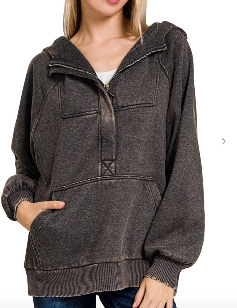 7616 -ACID WASH FLEECE OVERSIZED 1/4 ZIP KANGAROO HOODIE