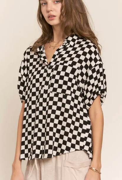 7345 - Checkered Bubble Sleeve Button Up Top