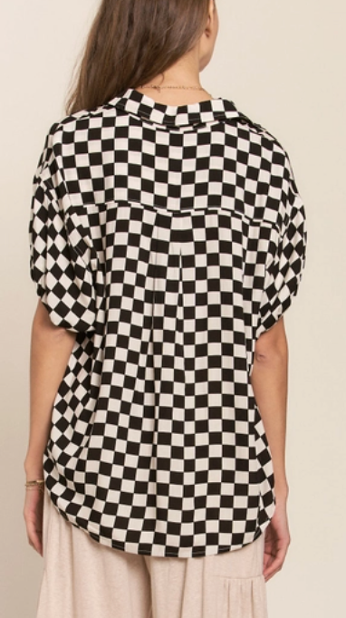 7345 - Checkered Bubble Sleeve Button Up Top