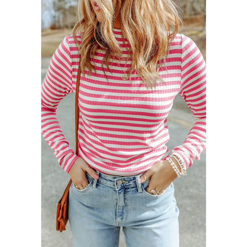 7604 - Striped Print Textured Knit Long Sleeve Tee