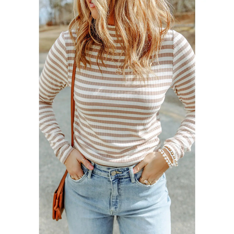 7604 - Striped Print Textured Knit Long Sleeve Tee